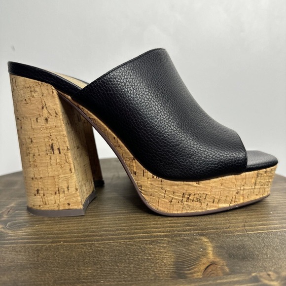 Krush Shoes - Krush Black Cork Block Heels Peep Toe Platform Sz UK 5 US 7